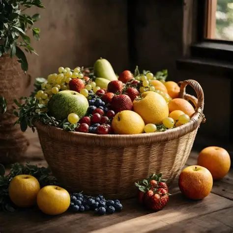 Cesta farta de frutas e legumes sobre a mesa