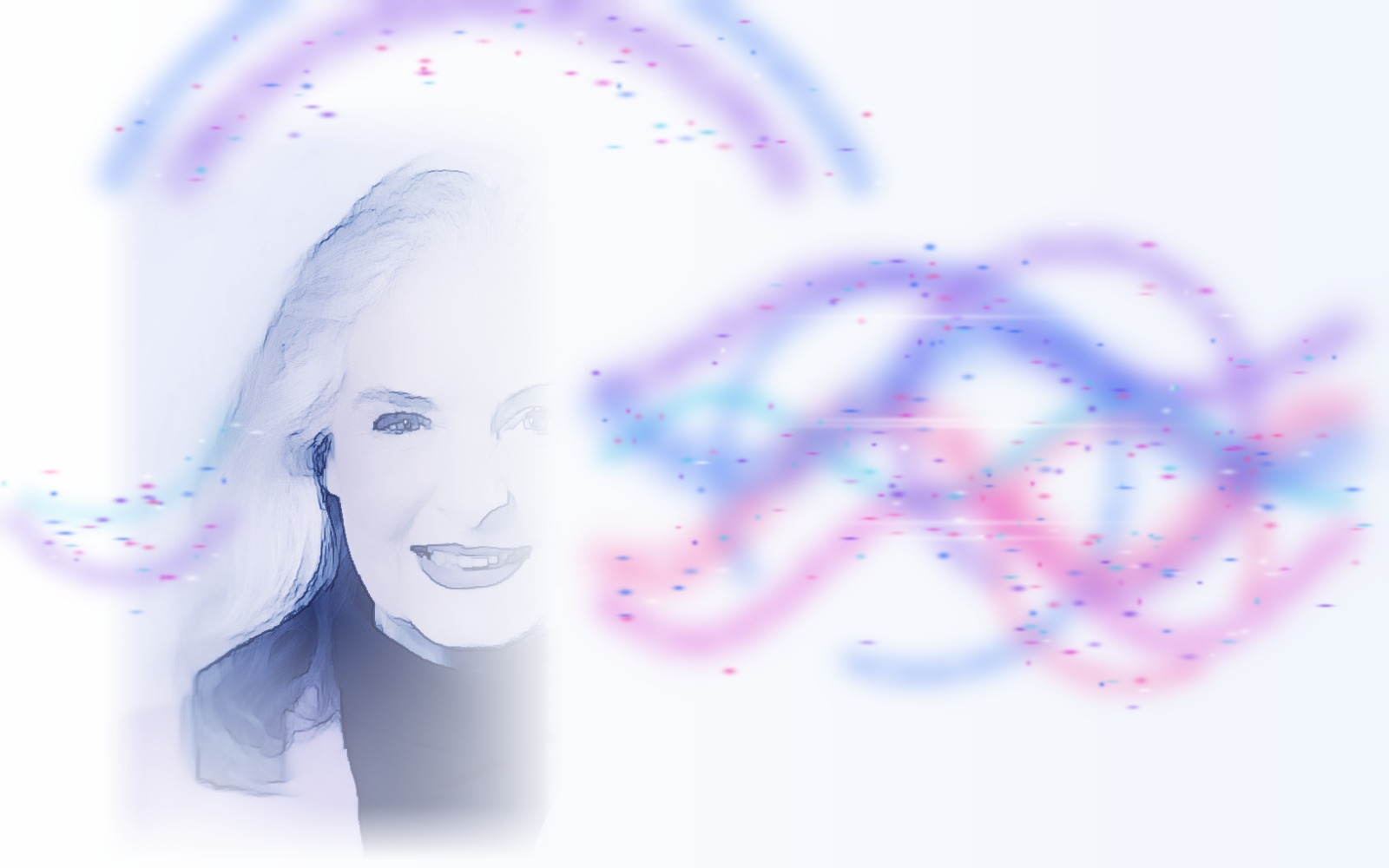 Retrato de Silvia Rezende em aquarela azulada, dissolvendo-se em ondas de cor violeta, azul e rosa